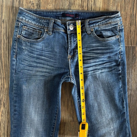 Vigold Straight Jeans Womens Juniors 7 Dark Wash Blue Denim Whiskers Embroidered - Picture 5 of 12